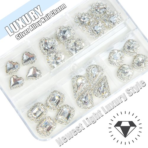 qiipii 24Pcs 3D Alloy Silver Clear Nail Art Rhinestones Luxury Charms for Nails- 3D Alloy Heart Nail Charms, Elegant Silver Nail Crystal Diamonds Stones Studs for Acrylic Nails DIY Crafts Jewelry