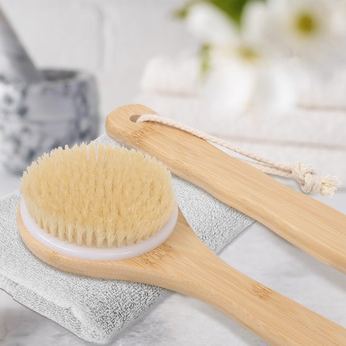 OWIIZI Back Scrubber Brush for Shower, Round Head Bristle Body Large Area Deep Cleanse Bath Brushes, Bamboo Long Handle Skin Exfoliator for Men Women Elders Wet or Dry Use