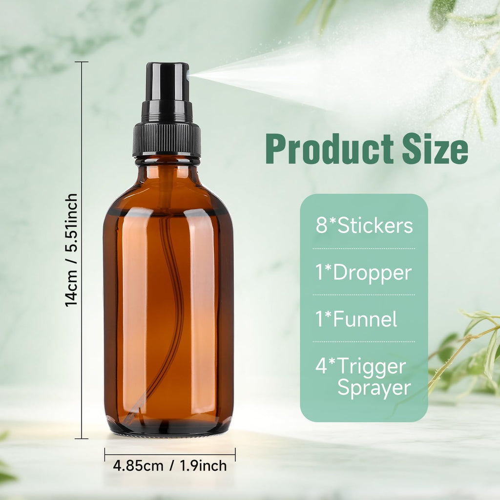 Vitreaux 4oz Amber Glass Spray Bottles Mist Sprayer Set of 4,Empty Small Spray Bottle Fine Mist Spray Refillable Containers,Mini Travel Bottle Spray Bottle Make Perfect Oil,Perfume,Body Sprays