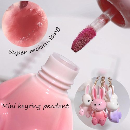 Skiennix 3Pcs Rabbit Keychain Jelly Lip Glaze - Moisturizing 2-in-1 Lip Glow Gel & Sparkling Lip Gloss Set