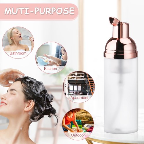BOSMIOW 5PCS 50ml/1.7oz Clear Plastic Frosted Foam Bottles with Rose Gold Pump Head Empty Mini Soap Dispenser Refillable Mousse Bottles for Shampoo Shower Gel Hand Soap Foaming