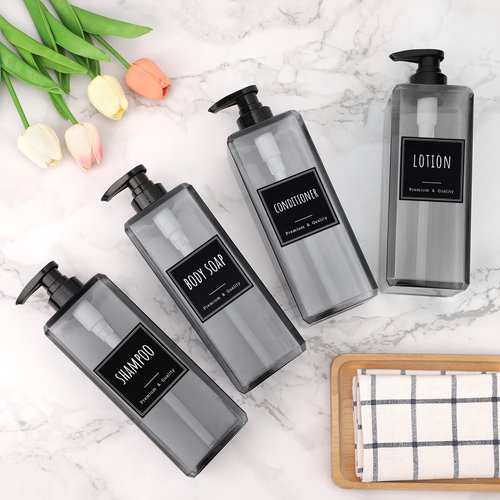 Segbeauty 33.8oz Shampoo and Conditioner Dispenser with Labels, 4pcs Refillable Plastic Empty Body Lotion Soap Dispenser Hand Liquid Container for Bathroom, 1000ml Gray Large Pump Bottle for Kitchen