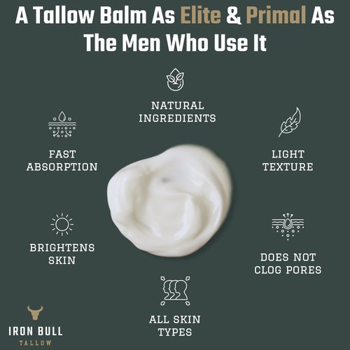 Iron Bull Handmade Beef Tallow for Face. Wrinkle Defense Tallow Face Moisturizer for Men. Treats Dry Skin, Wrinkles & Signs of Aging. Mens Facial Moisturizer All Skin Types. Natural Clean Scent 2 oz