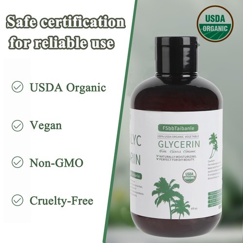 FSbbTaibanle Organic Vegetable Glycerin – USDA Organic Certified, 100% Pure, 6 Fl Oz – Natural Skin & Hair Moisturizer – Ideal for DIY Beauty, Soaps, Lotions & More – Non-GMO, Palm Oil Free