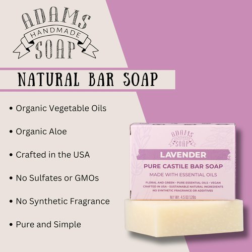 Adams Handmade Soap Lavender Pure Castile Bar Soap – 4.5 oz | Vegan, Cold Process, Essential Oils, 84% Organic, Fair Trade, No Additives, USA Made
