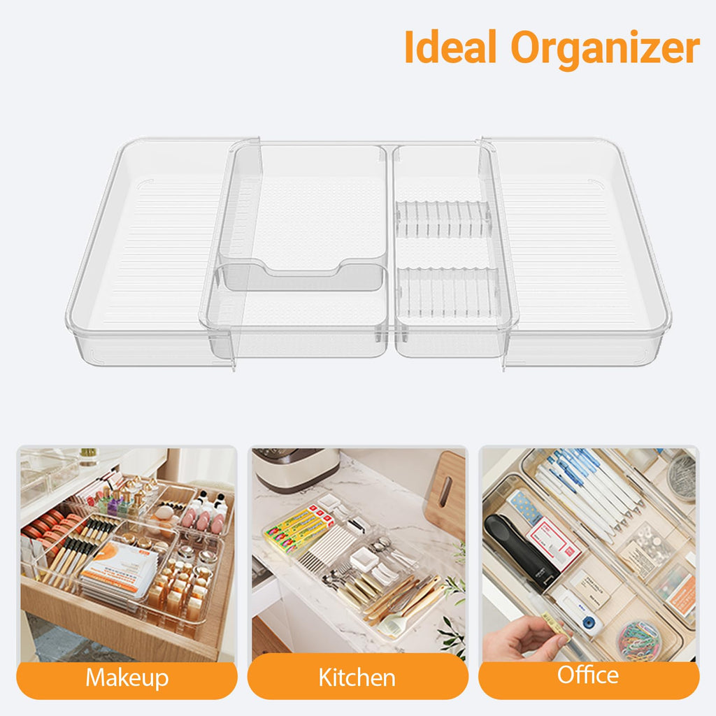 Wi4you Expandable Drawer Organizer Tray from 11” to 19.1”, Adjustable Silverware in Drawer Holder, Clear Plastic Drawer Storage with Sliding Dividers for Utensil, Cosmetics, Toiletries, Offices