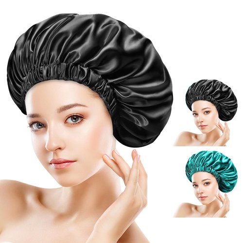 MIAETFH 2PCS Silk Sleeping Bonnet，Double Layer Satin Bonnet for Women，Adjustable Silk Hair Cap, Shower Cap, Ideal Gift (Black+Blue)