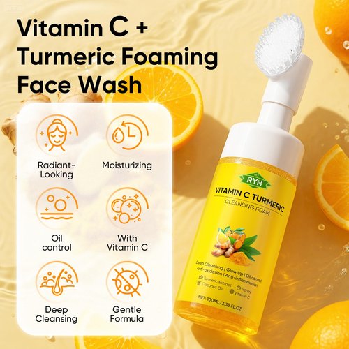 RYH 2pcs Turmeric Face Wash with Vitamin C, Deep Cleansing Face Wash Set, Glow Turmeric Facial Cleanser Foam, Vitamin C for Face, Gentle Facial Cleanser for Smoothing Skin 3.38 Fl.Oz/pc