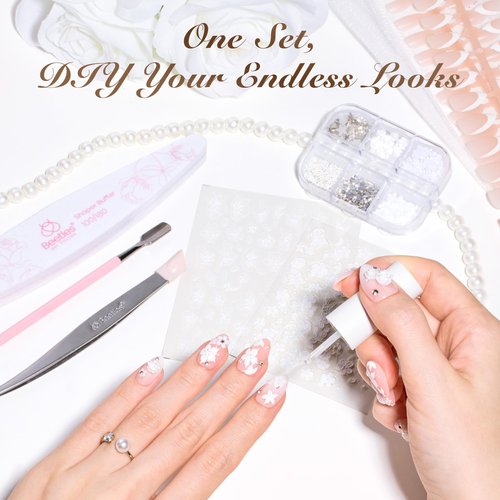 Beetles French Tip Press On Nails - Wedding Beauty Box | Short Almond Press On Nails Kit | 16 Sizes 224 Pcs All-in-One Kit With Nail Glue,Builder,Top Coat,Nail Lamp,Nail Tools Gift