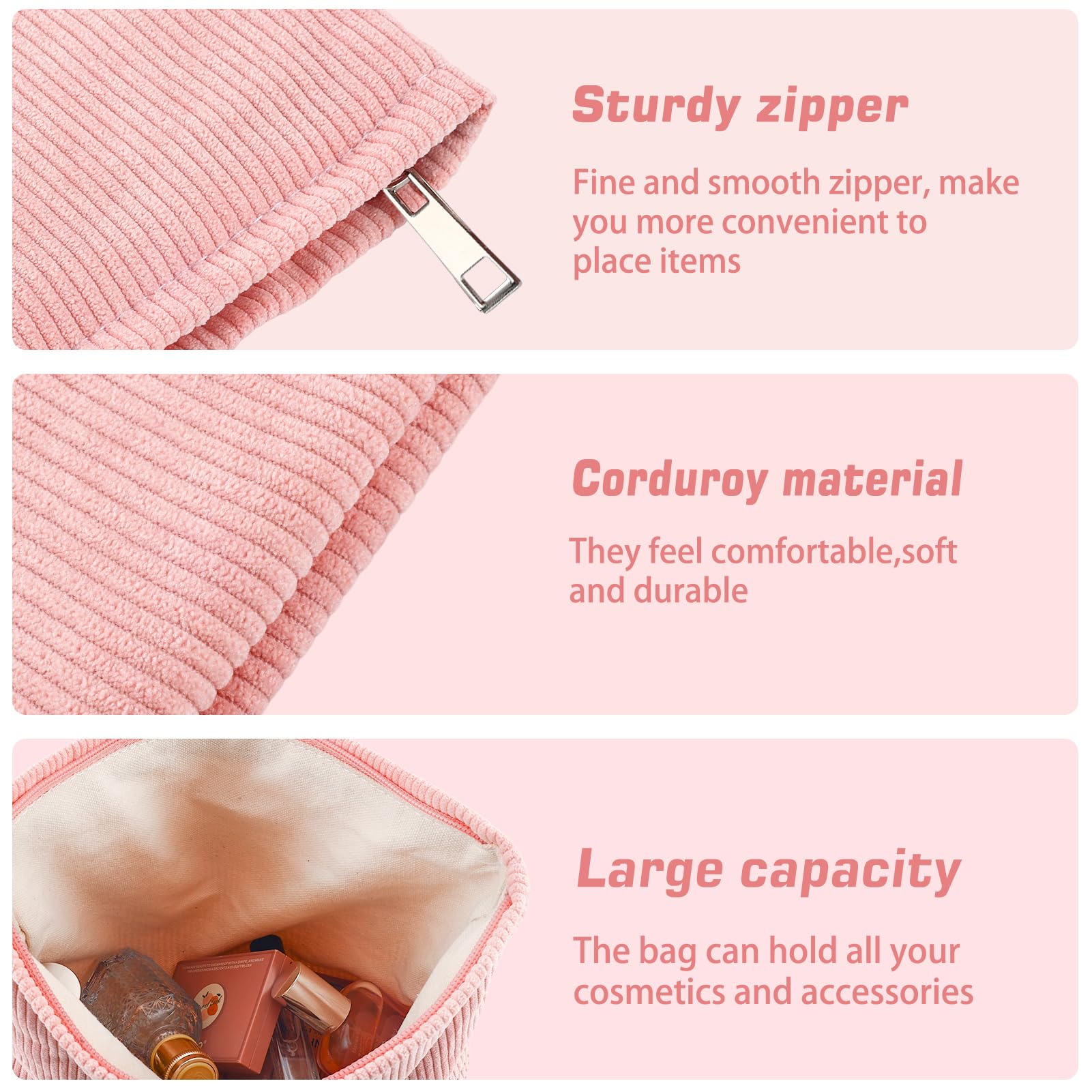ZLFSRQ 2Pcs Corduroy Makeup Bag Cute Travel Cosmetic Bag Set for Women Large Small Corduroy Zipper Makeup Pouch for Purse Cosmetic Pouch Aesthetic Portable Skincare Toiletry Bags Organizer (Pale Pink)
