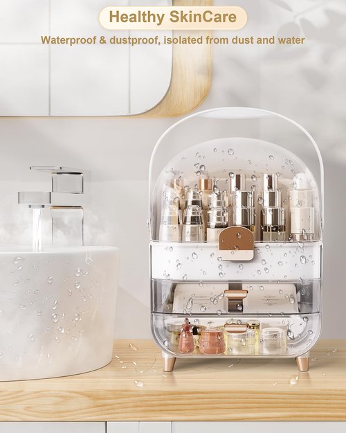 Makeup Organizer with Lipstick Holder, Skincare Organizers Storage Box Cosmetic Display Cases, Teen Girl Gifts Make up Organizers for Vanity, Dresser, Countertop, Bathroom(Rose Gold)
