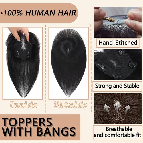 HVVZOY Hair Toppers for Women Real Human Hair, 360° 3D Real Human Hair Toppers for Women with Thinning Hair Clip in Bangs Big Coverage 12 Inch Hairpieces (1B, 3D Wispy Bangs 10x11)