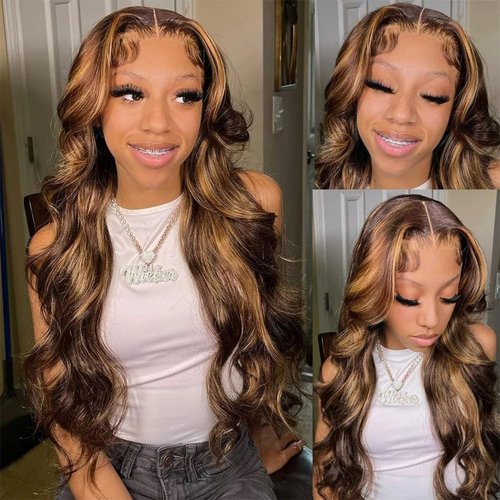 Puoonn Synthetic Lace Front Wigs for Black Women 13X4X1 Highlight Body Wave HD Transparent Lace Front Wigs with Pre Plucked Natrural Hairline and Baby Hair for Women