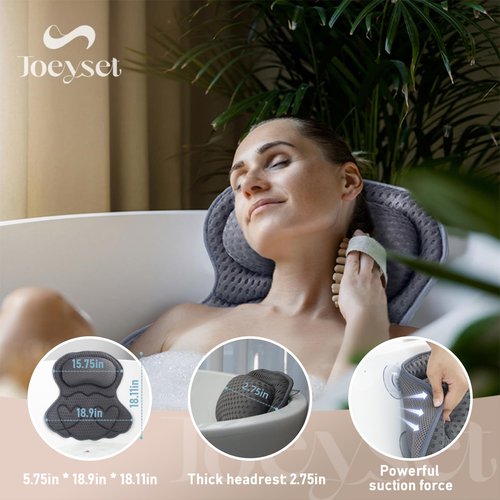 Bath Pillows for Tub Luxury, Bath Pillow for Head and Neck, Fit Bathtub Hot Tub Relaxing Gifts for Women, Comfort 4D Air Mesh Fabric & 6 Non-Slip Suction Cups (Gray)