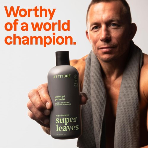 ATTITUDE Shower Gel for Men - 98% Natural Ingredients, EWG Verified, Matcha & Bergamot, 14 Fl Oz