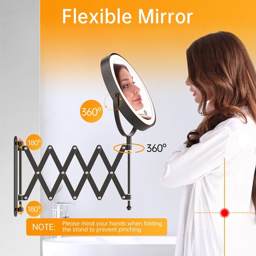 Rechargeable Wall Mounted Makeup Mirror with Light, 8 Inch 1X/10X Magnifying Mirror, 3 Light Settings & Dimmable, 360° Swivel Extendable Bathroom Vanity Mirror, Anti-Rust, Telescoping, Antique Bronze
