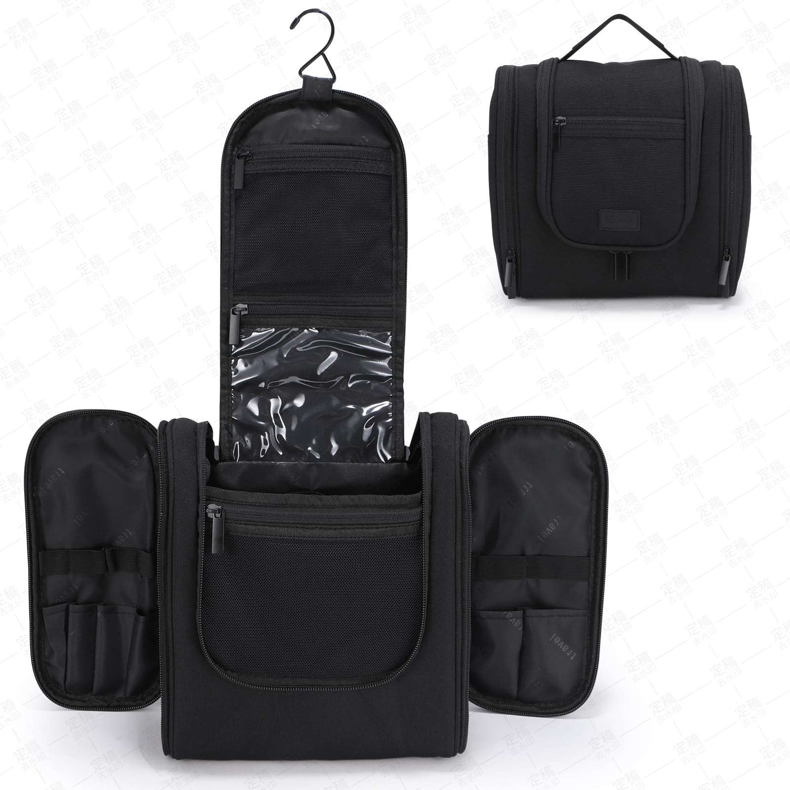 WIBKAE Hanging Toiletry Bag with Hook, Travel Cosmetic Makeup Bag Organizer for Accessories, Shampoo, Shaving Bag for Toiletries Accessories,Travel Essentials Kit (Black)