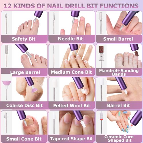 EVILTO Electric Nail Files Cordless, Professional Nail Drill LCD Display With 12 Bits 30000RPM Rechargeable Manicure Pedicure EFile For Gel Nail Polish Acrylic Nails Thick Toenails Removal,Grey purple