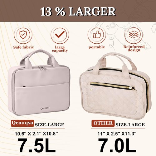 Qeauqsa Makeup Bag Organizer, Large Hanging Toiletry Bag for Women with Leakproof Compartments, Travel Cosmetic Case for Full Sized Toiletries & Brushes Travel Cosmetic Bag Cruise Essentials - Pink