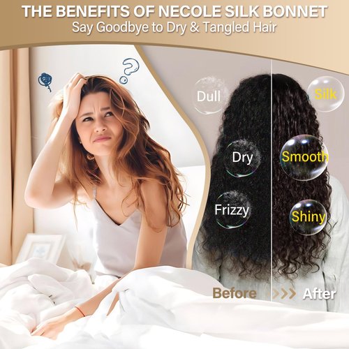 Necole Silk Bonnet for Women 100% Mulberry Silk Sleep Cap 22 Momme Double Layer Hair Wrap for Curly Short Long Hair, Non-Slip Turban with Elastic Tie, Gold