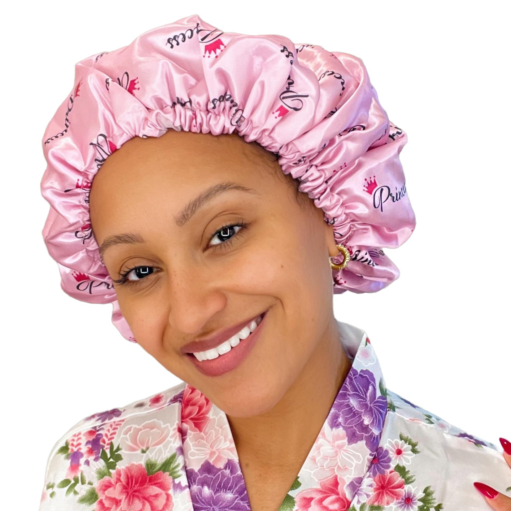 Zomac Satin Shower Cap for Women, Reusable and Waterproof Shower Cap for Long Hair, Luxury Print and Double Layer (Pink, Large)