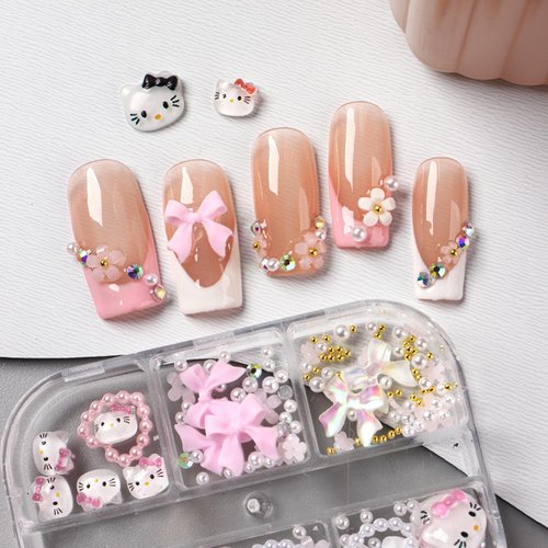 6Girds/Box Cartoon Nail Art Charms Set, 3D Cute Nail Rhinestones Charm Nail Bow and Heart 3D Flowers for Nails Design, Gems Pearls Nail Jewelry DIY Crafts Nail Art Accessories Manicure Tools