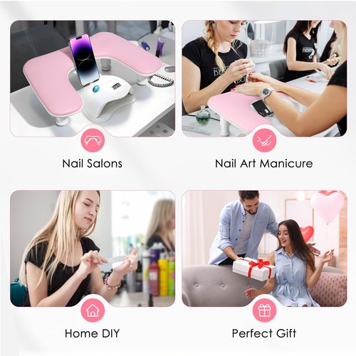 Arm Rest for Nails Tech: 3rd Generation Manicure Nail Arm Rest with Rotating Phone Stand, U-Shaped Height Adjustable Hand Rest Pillow for Acrylic Nails Pink