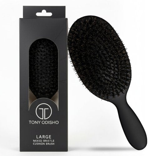 TONY ODISHO Professional Paddle Hair Brush – Cushion Brush with Tourmaline Nylon and First Cut Boar Bristles for Gentle Detangling & Natural Shine (Black, Large)