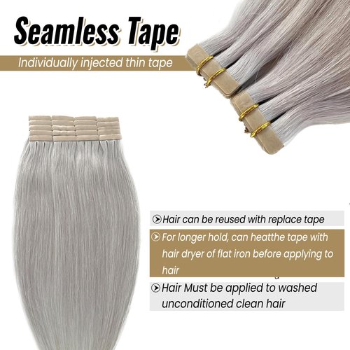 Platinum Silver Invisible Seamless Tape in Hair Extensions Human Hair 16inch Silver Grey Double Sided Pu Hair Extensions Tape ins Human Hair for Women 50g/Pack