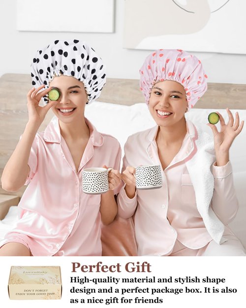 Luvruitaky Large Shower Caps for Women Reusable Waterproof Satin Lined Shower Cap with Adjustable Band Double Layer Design Luxury Washable Bath Hair Bonnet (Black Dot)