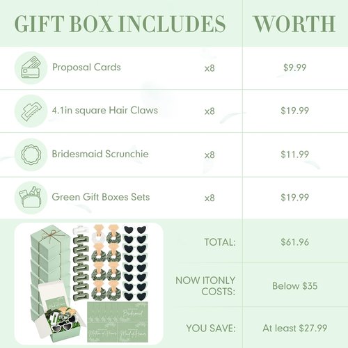 Geiserailie 40 Pcs 8 Set Bridesmaid Proposal Gifts Will You Be My Bridesmaid 4.1in Square Hair Claws Heart Sunglasses(Green)