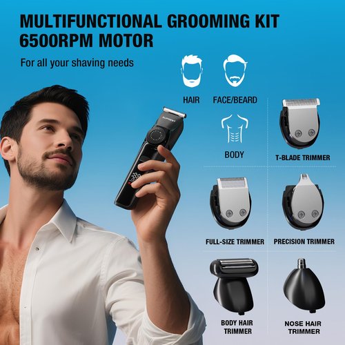 SUPRENT Beard Trimmers for Men - All-in-One Mens Grooming Kits with 40 Precision Dials，Waterproof Adjustable Trimmers for Hair, Beard, Face, Nose & Body, USB-C Rechargeable, 3.5H Running Time (Black)