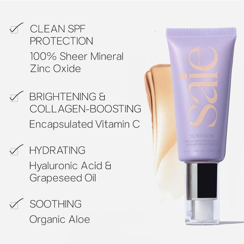 Saie Sunvisor Broad Spectrum Sunscreen Moisturizer SPF 35 - Hydrating Daily Face Sunscreen with Zinc Oxide & Hyaluronic Acid (1.35 fl oz)