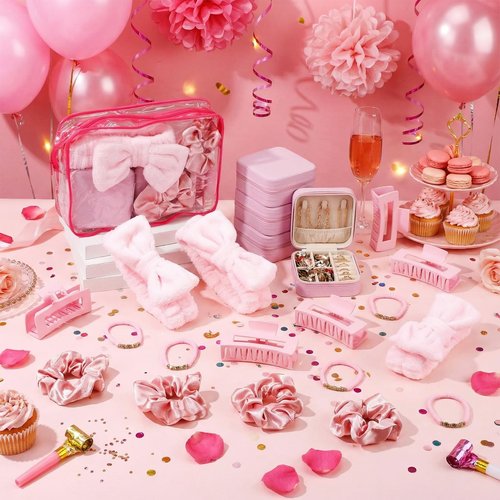 Liliaafar 36 Pcs Teen Girl Party Favors Preppy Gifts Sets Bulk 6 Friendship Bracelets 6 Bow Spa Headband 6 Scrunchies 6 Hair Clip 6 Jewelry Cases 6 Makeup Bags for Women Friend Preppy Gifts(Pink)