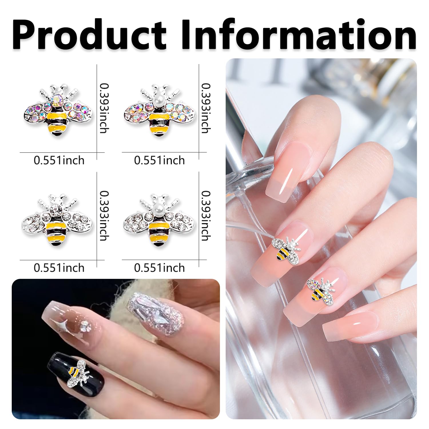 XEAOHESY 20pcs Alloy Bee Nail Charms Silver Bee Charms for Acrylic Nails Metal Nail Bee Charms Inlay Clear AB Rhinestones or Pearls Cute Mini Bees Nail Studs Nail Jewels for Women Girls Nail Art