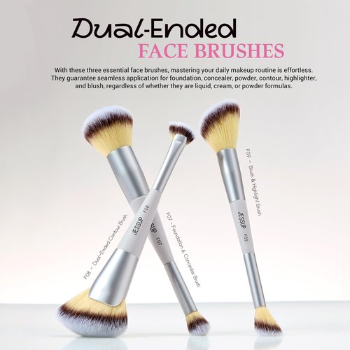 Jessup Makeup Brushes Set 7pcs Dual Ended Makeup Brush Premium Synthetic Foundation Contour Blush Highlight Blending Eyebrow Eyeshadow Shader Concealer Brush with Bag, Quiet Gray T520