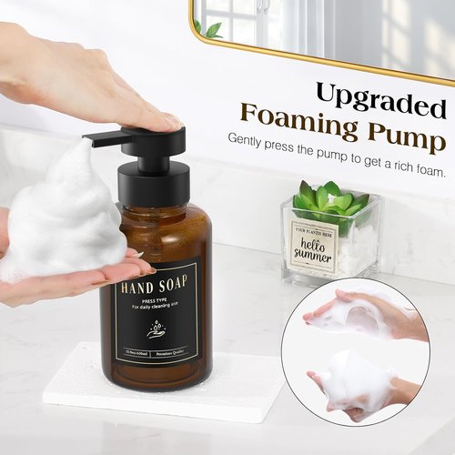 Luxspire Foaming Soap Dispenser - 15 Oz Glass Pump Bottle with Waterproof Labels | Amber, 2 Pack for Kitchen & Bathroom
