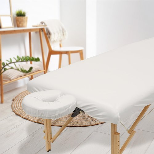 Saloniture 2-Piece Waterproof Massage Table Sheet Set - Includes Machine Washable Fitted Sheet and Face Cradle Cover - Natural