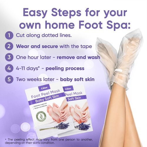 CÉLOR Foot Peeling Mask for Dry Cracked Feet | Foot Mask to Exfoliate Rough, Cracked, Dry Feet, Calluses for Soft Baby Feet Results | Made with Aloe Vera Extract for Women & Men (5 Pairs) | Lavender