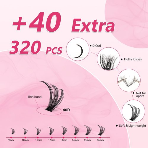 URNNE Lash Extension Kit, 320Pcs Lash Clusters, 40D Lash Clusters Kit, 9-16 mm Individual Cluster Eyelash Extensions with Lash Bond and Seal, Remover, Lash Tweezer DIY Lash Extensions at Home
