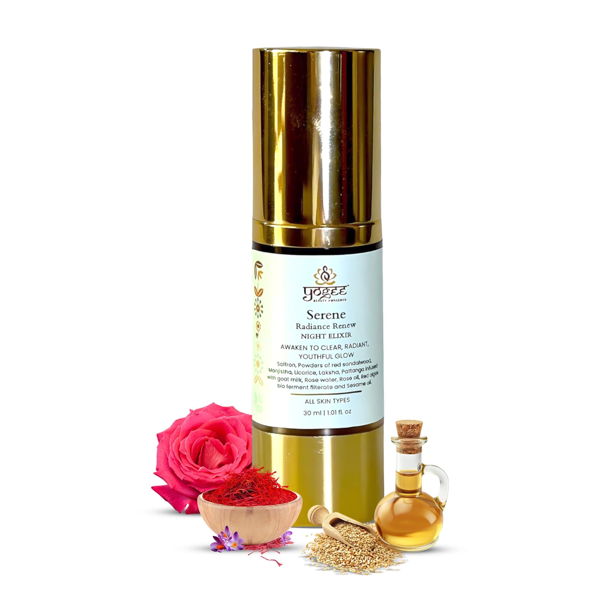 YOGEE Natural Night Skin Elixir | Night Cream for Wrinkles, Reduced Line, Dark Spots | Goat Milk, Saffron, Sesame Oil | 30ml