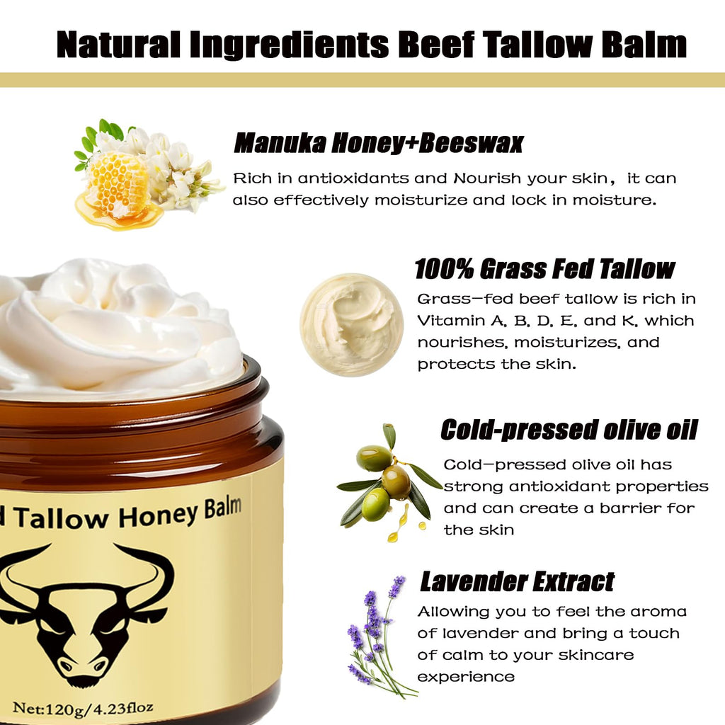 WAESKI Beef Tallow for Skin - Whipped Tallow Honey Balm, Lavender, Deep Moisturization, Natural Hydrating Cream, Relief for Dry & Sensitive Skin 2.11oz