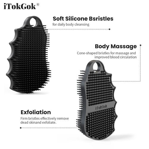 iTokGok Silicone Body Scrubber Silver-Infused Dual-Sided 3-in-1 for Shower, Body Cleaning+Massage+Exfoliator Body Brush Buffer for Men and Women, Silicone Loofah, Non-Slip Handle (Black)