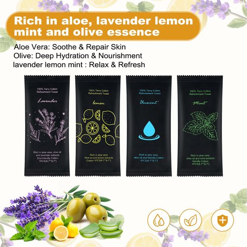 Moist Cotton Towel Bulk Moist Towelettes Individually Wrapped 8.7" x 8.7",White Towel Services,Refreshment Pre Moistened Towels Lavender,Lemon,Mint and Unscented for Sport Party Spa (pack of 100)