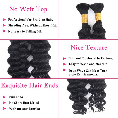 B-Fashion Human Braiding Hair for Boho Braids Deep Wave Bulk Human Hair for Braiding 18 Inch 2 Bundles 100G 100% Brazilian Wet and Wavy Curly Extensions No Weft Bundles