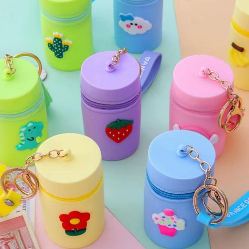 CECKQUE Cute Mini Silicone Coin Pouch Keychain, Coin Purse, Portable Lip Gloss Pouch Bag, Lipstick Case, Chapstick Carrier Bag (Pink/Blue)