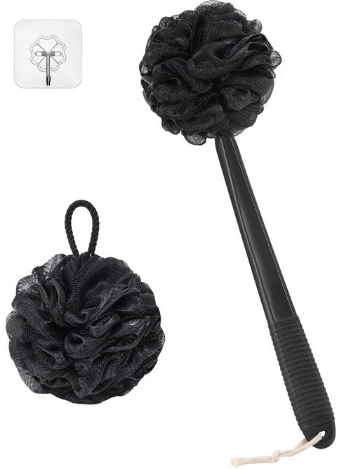 ROLIZOE Non-Slip Back Scrubber with 17" Plastic Handle - Hand Shower Loofah & Loofah on a Stick Set, Black