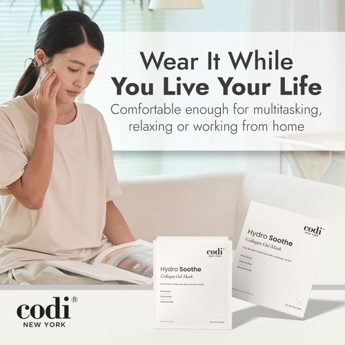Codi New York Collagen Gel Mask, Non-Slip Breathable Micro-hole Hydrogel for Redness Relief & Glass Skin, Intense Hydration, Soothing, Moisturizing, 4 Sheets (Hydro Soothe)