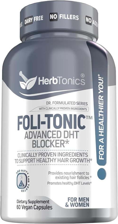 Foli Tonic Hair Growth Vitamins - DHT Blocker with Saw Palmetto & 10000mcg Biotin | 60 Vegan Capsules for Thicker, Fuller Hair