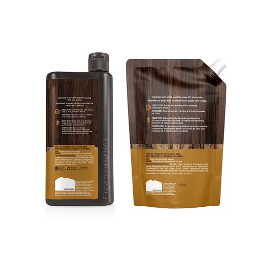 Every Man Jack Amber + Sandalwood Mens Body Wash Refill Starter Pouch - Naturally Derived Ingredients - Paraben Free, Phthalate Free, Dye Free - (1-36oz pouch, 1-24oz bottle)